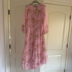 Pink Maxi Dress with Gold Floral Embroidery
